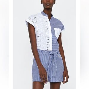 ZARA Blue White Striped Eyelet Lace Romper, Women’s Sz XS